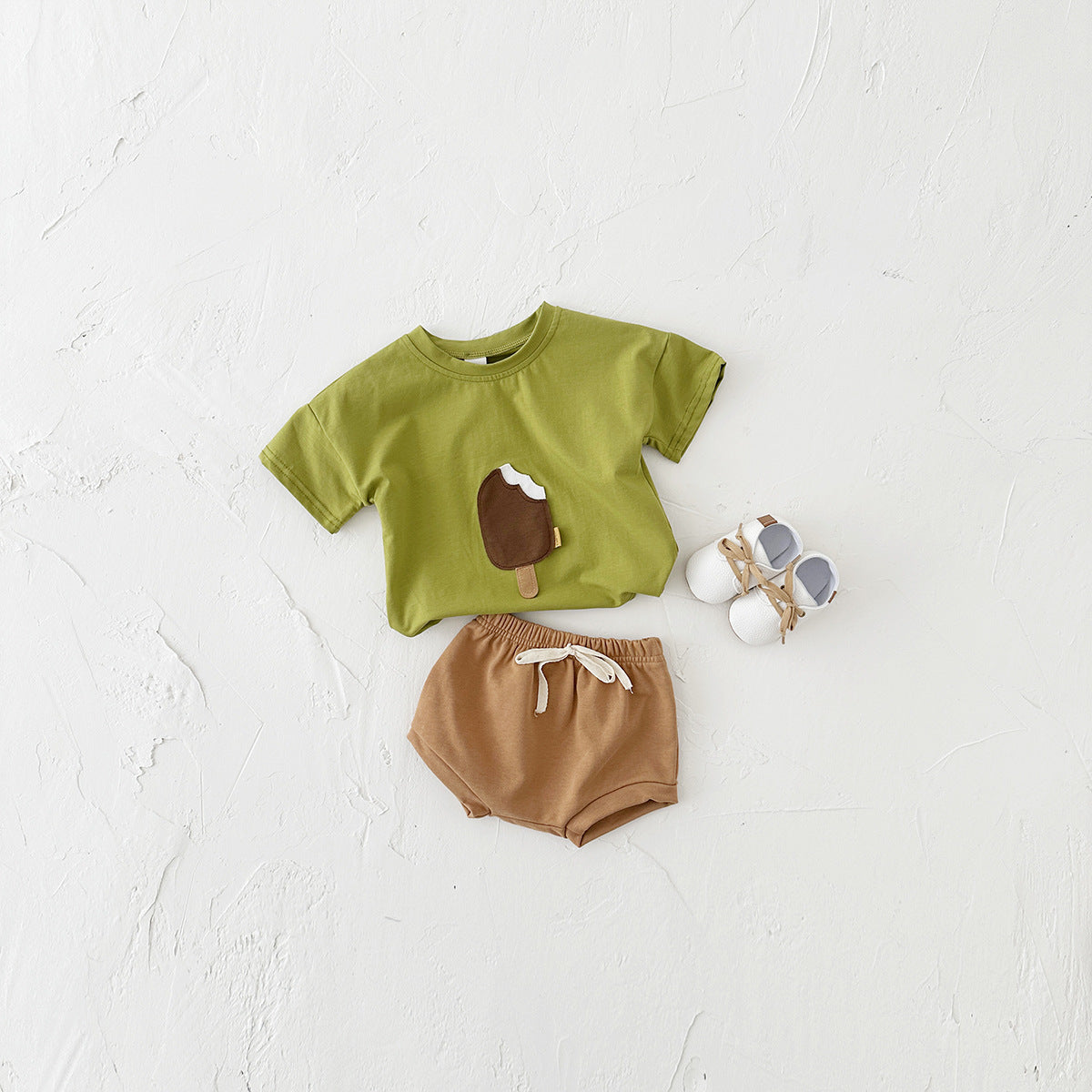 Round Neck Cotton Ice Cream Patch Short Sleeve Shorts Set