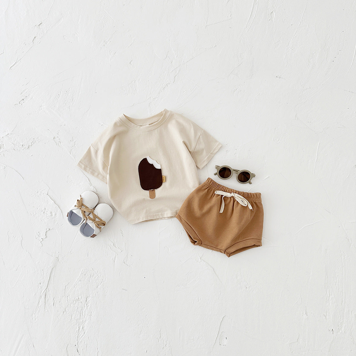 Round Neck Cotton Ice Cream Patch Short Sleeve Shorts Set