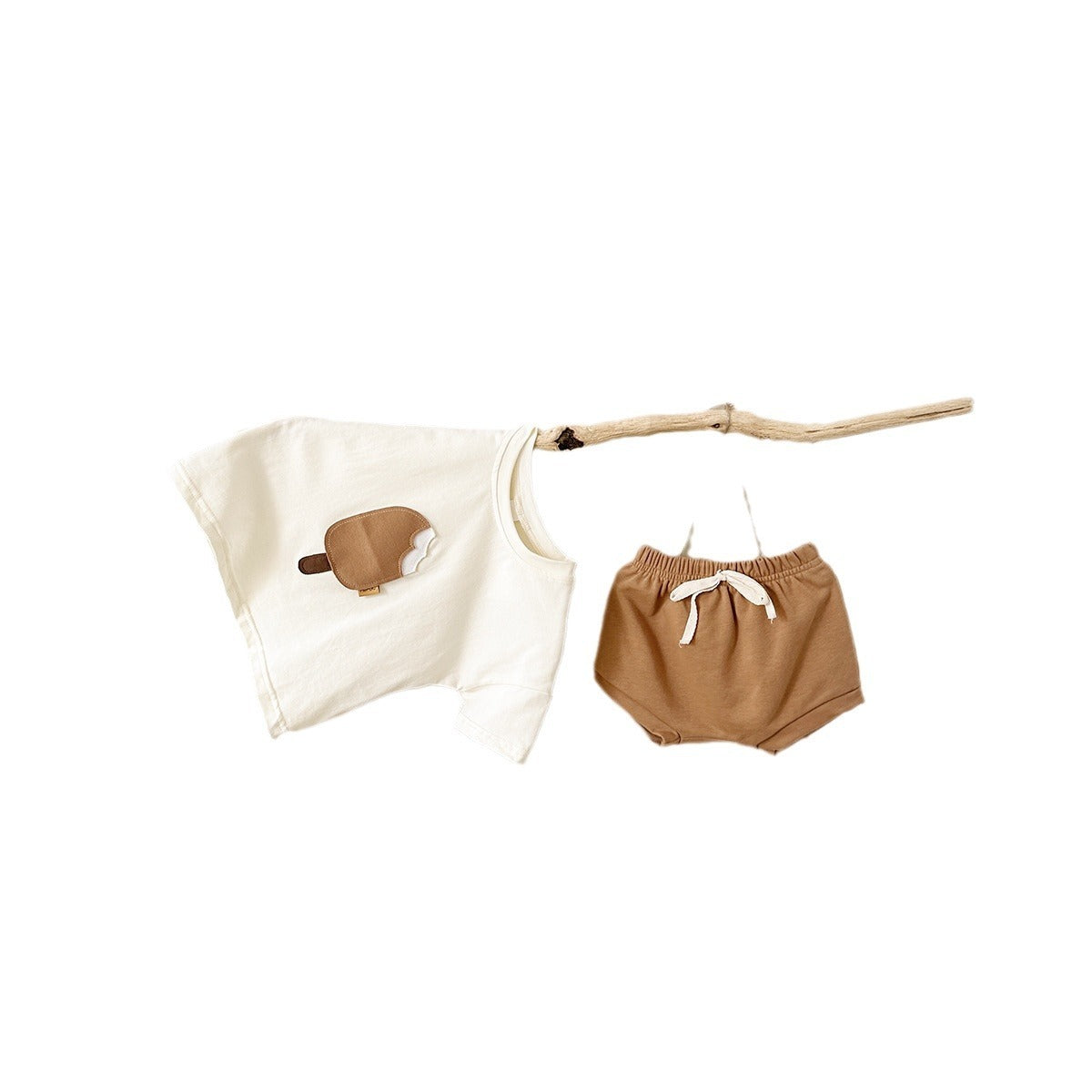 Round Neck Cotton Ice Cream Patch Short Sleeve Shorts Set