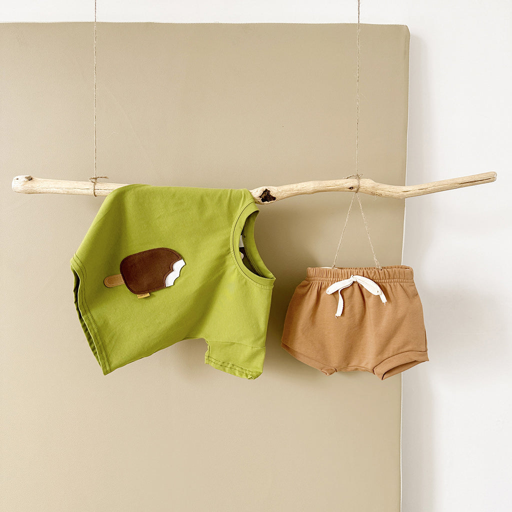 Round Neck Cotton Ice Cream Patch Short Sleeve Shorts Set