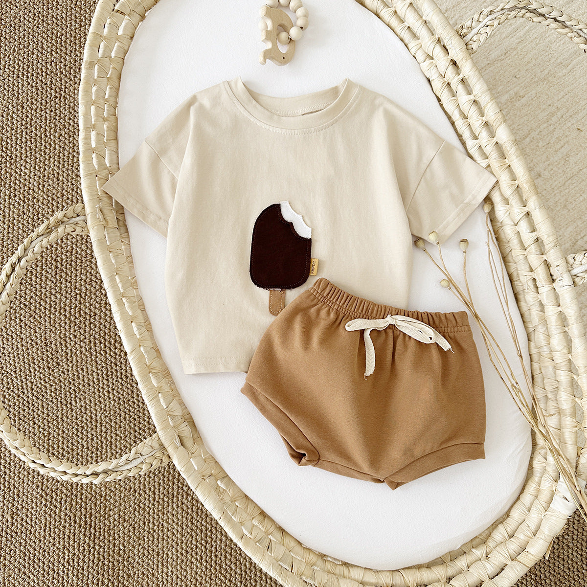 Round Neck Cotton Ice Cream Patch Short Sleeve Shorts Set
