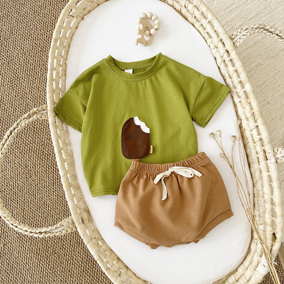 Round Neck Cotton Ice Cream Patch Short Sleeve Shorts Set